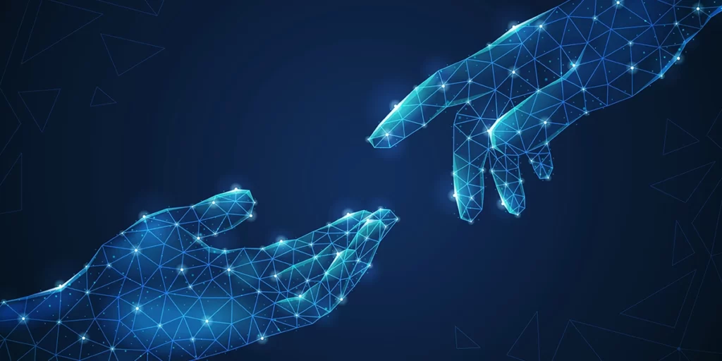 conexão com o cliente conexão com o cliente: ilustração de duas mãos: uma indo em direção da outra.