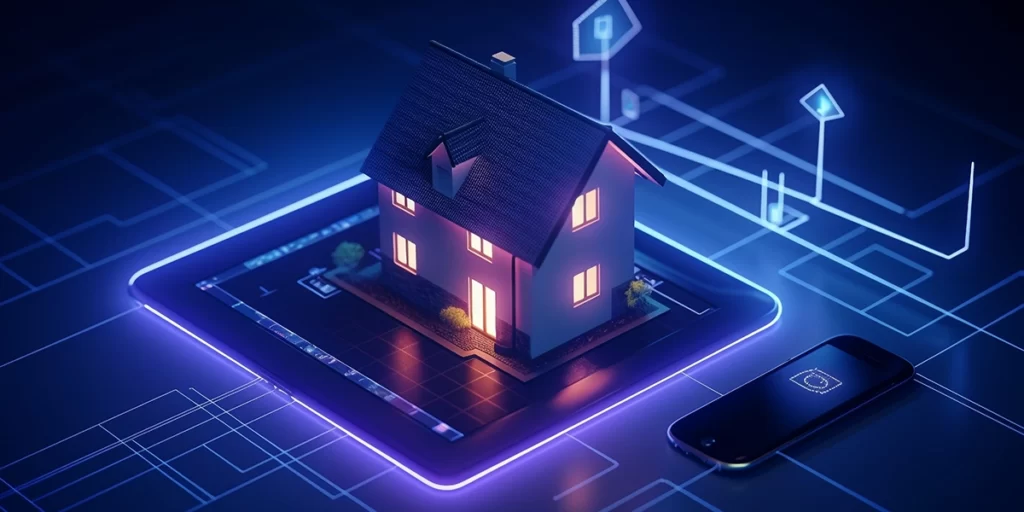 moradia inteligente moradia inteligente: ilustração de uma casa saindo da tela de um tablet.