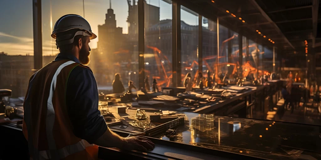 Administração de construtoras Administração de construtoras: imagem de um homem de costas num canteiro de obras.