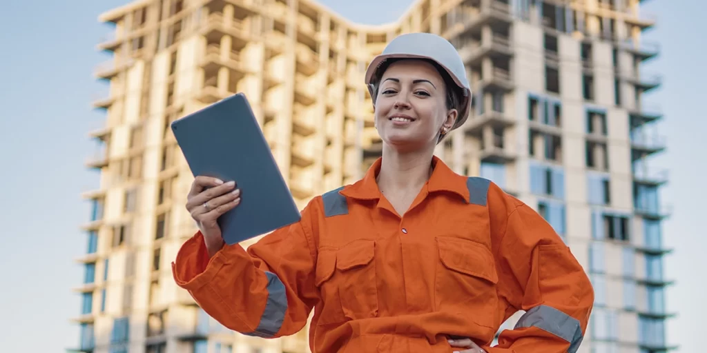Administração de construtoras Administração de construtoras: imagem de uma mulher usando farda e um capacete num canteiro de obras. Ela olha para a câmera e sorri.