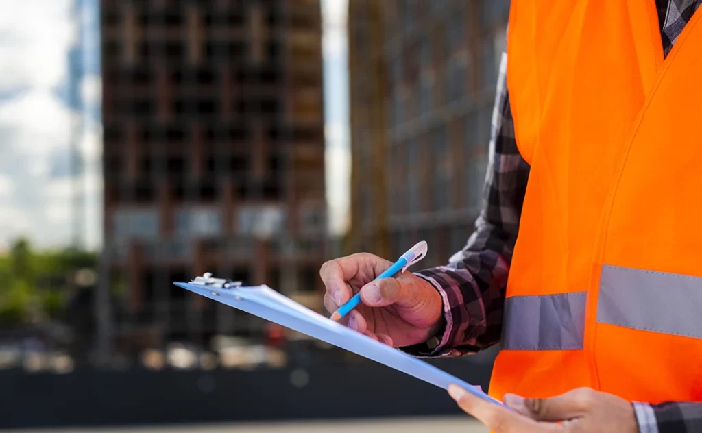 NBR 15575 NBR 15575: close nas mãos de uma pessoa usando farda de canteiro de obras e fazendo anotações numa prancheta.
