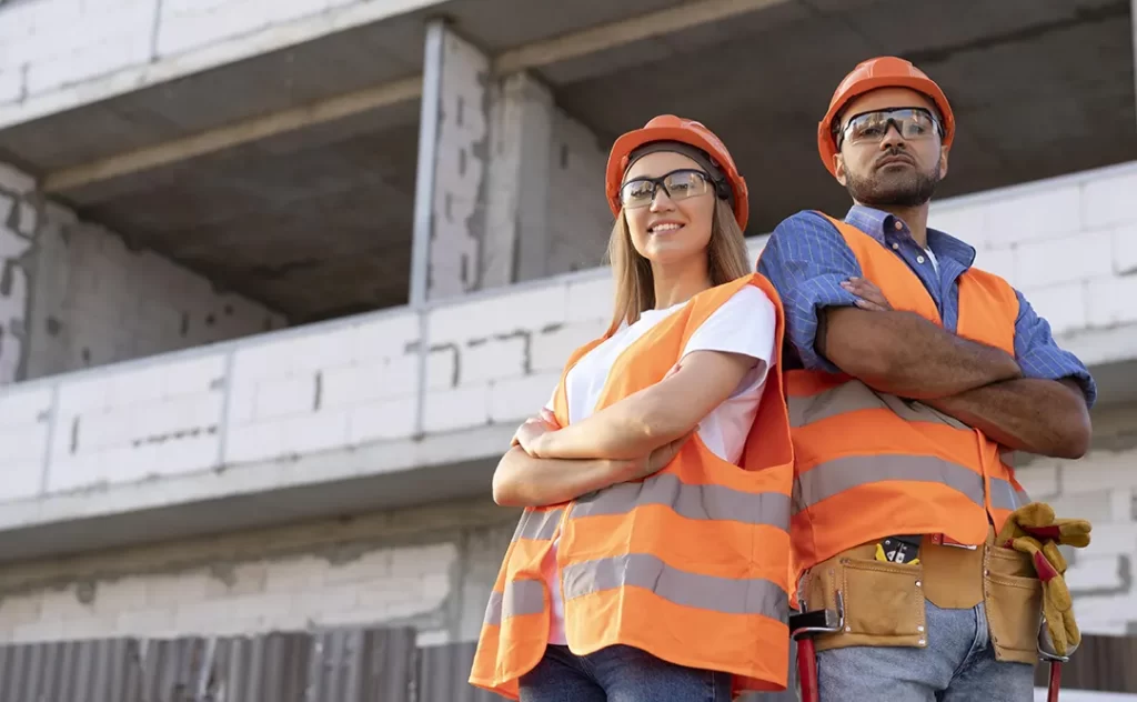 NR 17 NR 17: imagem de um homem e uma mulher num canteiro de obras. Eles estão usando EPI e estão de braços cruzados olhando para a câmera.
