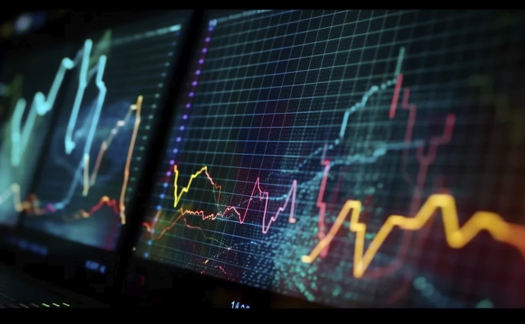 vantagens da inteligência artificial vantagens da inteligência artificial: Imagem de telas de computados com fundo preto e vários gráficos de linhas coloridas.