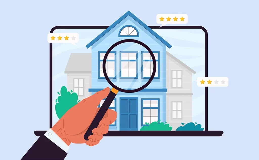 CRM imobiliario gratuito CRM imobiliario gratuito: ilustração de um notebook aberto com a imagem de uma casa na tela. Na frente da imagem uma mão segura uma lupa dando ênfase à casa.