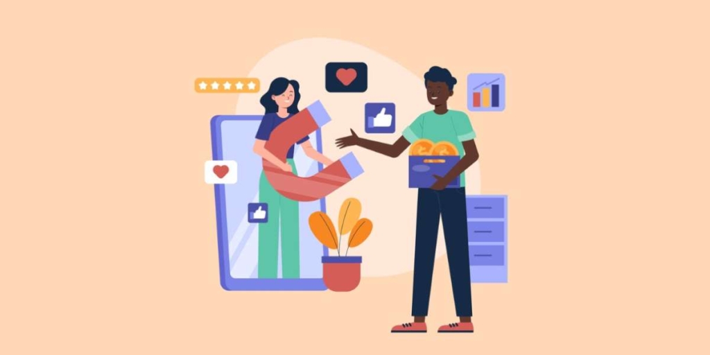 tecnologia no mercado imobiliário tecnologia no mercado imobiliário: fundo rosa, ilustração de uma mulher e um homem sorrindo e alguns ícones em volta. Vemos ícones de gráficos e alguns elementos que simbolizam conexão. A mulher segura um ímã grande.