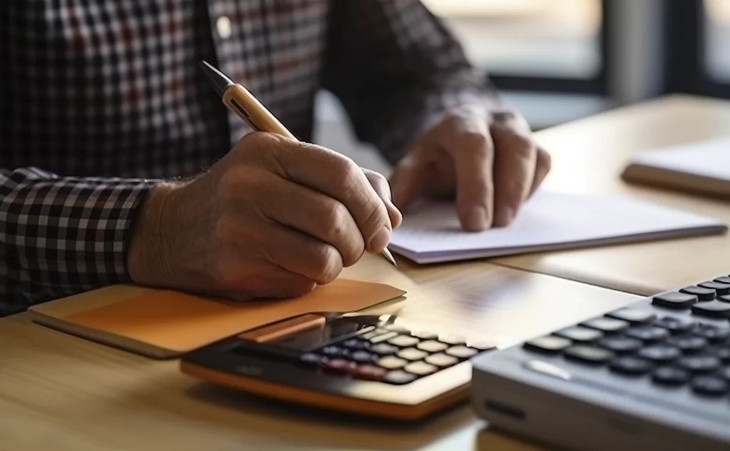 Como calcular o bdi Como calcular o bdi: A imagem mostra uma pessoa sentada ao redor de uma mesa com uma notação de escrita. A pessoa está usando um lápis para escrever em um caderno aberto. Ao lado do caderno, há um cálculador e um teclado de computador. A mesa é um ambiente de escritório com uma janela ao fundo, e a luz natural parece estar iluminando a área. A pessoa está vestindo uma camisa quadriculada e parece estar focada em seu trabalho.