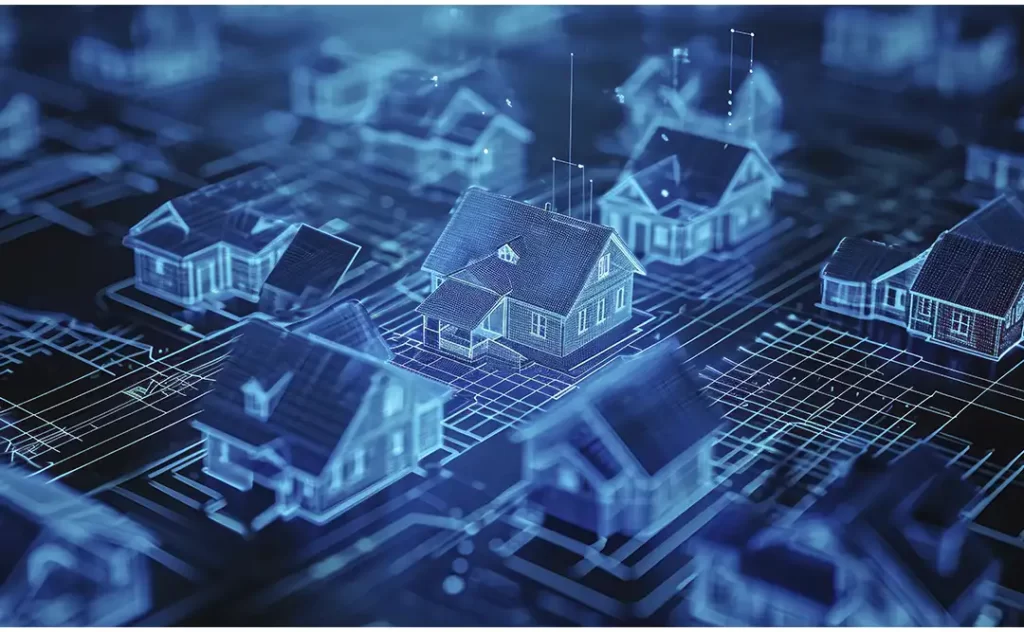 Venda de Loteamento Venda de Loteamento: A imagem mostra uma representação gráfica de uma área residencial, possivelmente uma planilha ou mapa de uma comunidade de casas. As casas são ilustradas de forma simples, com detalhes suficientes para identificar suas estruturas, como telhas, janelas e portas. Há uma série de linhas e formas que parecem representar caminhos, campos ou outros elementos do ambiente. A imagem tem um tom azul claro, o que pode sugerir uma visualização tecnológica ou uma representação de dados. A iluminação da imagem é suave e parece ser projetada sobre uma superfície escura, o que dá uma sensação de holografia ou de uma representação tridimensional.