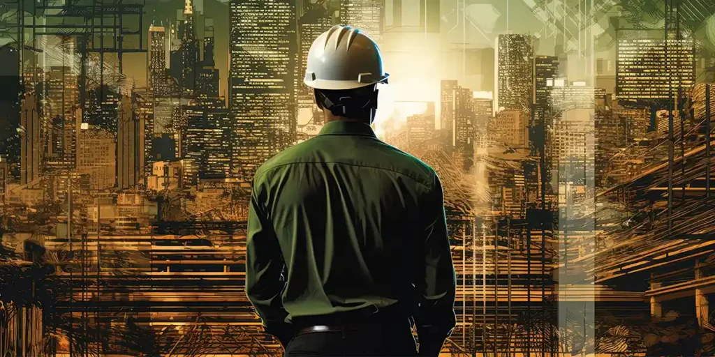 Novas técnicas na construção civil Novas técnicas na construção civil: imagem de um homem de costas. À frente do homem uma imagem de uma cidade grande. O homem parece olhar através de uma parede de vidro.