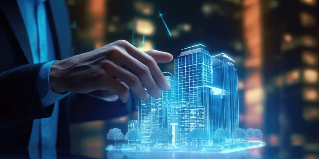 Novas tecnologias Novas tecnologias: A imagem mostra uma mão humana, provavelmente de um adulto, segurando um objeto que parece ser um modelo 3D de um edifício moderno. A mão está de pé, com o braço estendido, e o objeto é iluminado de dentro, projetando uma luz azul-clara que ilumina a mão e o modelo do edifício. O modelo do edifício é detalhado, com vários andares e piscinas, e parece ser um modelo de arquitetura ou urbanismo. Ao fundo, há uma cena de ambiente urbano com edifícios e luzes que refletem na superfície do objeto que a mão segura. A imagem tem um estilo futurista e parece representar uma tecnologia avançada, talvez relacionada a projetos arquitetônicos ou urbanos.