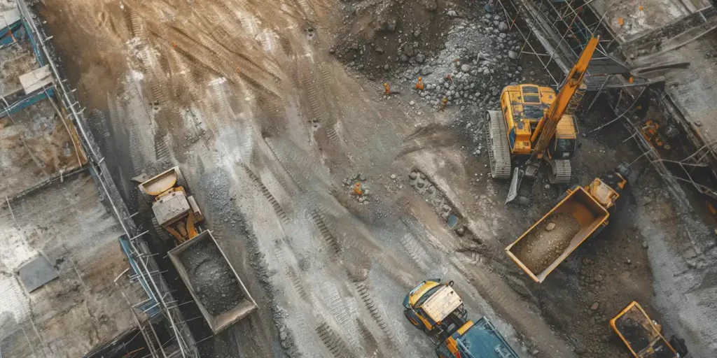 concreto usinado concreto usinado: A imagem mostra um ambiente de construção em andamento. Há um terreno escavado com caminhões de carga e equipamentos de construção, como um escavador, trabalhando no local. O terreno está coberto de areia e grama, e há algumas estruturas de metal que parecem ser parte de um andaime ou estrutura de suporte para a construção. Há também alguns trabalhadores vestidos com equipamentos de segurança, como capacetes e camisetas amarelas, que são comuns em situações de construção. A cena sugere que está em um estágio inicial de um projeto de construção, possivelmente um edifício ou uma estrutura que exige a movimentação de grandes quantidades de terra e material.