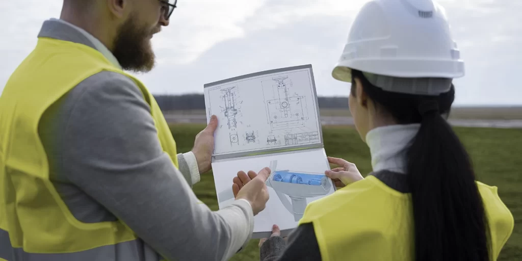 indicadores de desempenho indicadores de desempenho: imagem de duas pessoa de costas olhando para um papel com um projeto de engenharia. Os dois estão usando EPIs.