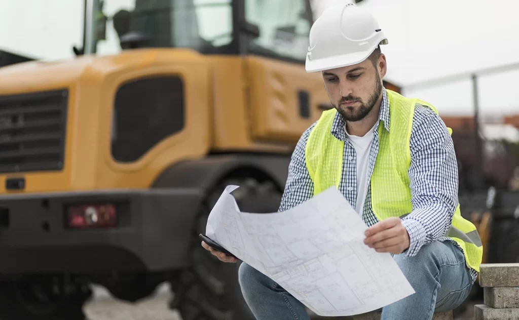 logística de canteiro de obras logística de canteiro de obras: A imagem mostra um homem em uma veste de proteção e capacete olhando para um papel na frente dele. Ele está em uma construção e parece estar estudando o papel. Atrás dele está um grande veículo de construção, provavelmente um bulldozer ou excavador, com o motor ligado. O homem está vestindo uma veste de proteção e um capacete, e parece estar trabalhando em uma construção. A imagem é tirada de uma angulação baixa, olhando para o homem desde o chão. O fundo é composto por vários materiais de construção, incluindo blocos de concreto e tubos de metal. A atmosfera geral da imagem é profissional e concentrada.