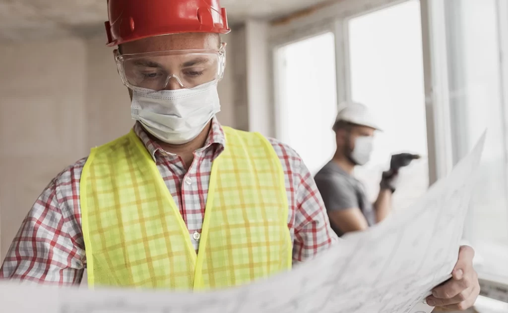 logística de canteiro de obras logística de canteiro de obras: O quadro mostra um trabalhador de construção usando um capacete e um capacete de segurança, segurando um conjunto de planos azuis e olhando para ele com uma expressão séria no rosto. Depois dele, há dois outros trabalhadores no fundo, um deles usando uma máscara e guantes. A imagem foi tirada em um local de construção, com as paredes e o teto do edifício visíveis no fundo. A atmosfera geral da imagem é profissional e concentrada.