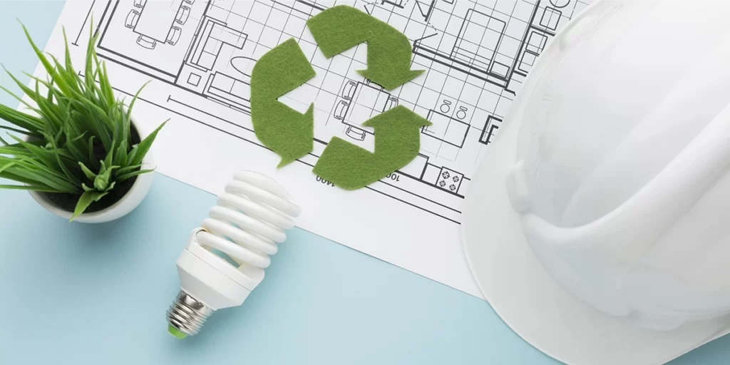 materiais inovadores A imagem mostra uma cena que parece estar relacionada a construção e sustentabilidade. Há um plano de projeto de uma casa ou edifício sobre um fundo azul, com um círculo verde de reciclagem sobreposto no centro. Ao lado do plano, há um capacete branco, que é comummente usado por construtores, e um tubo de LED branco, que é uma opção mais ecológica e eficiente do que as lâmpadas tradicionais. Além disso, há uma planta verde em um vaso pequeno, o que pode simbolizar a importância da natureza e da sustentabilidade. A combinação desses elementos sugere uma abordagem ambientalmente consciente na construção ou renovação de edifícios.