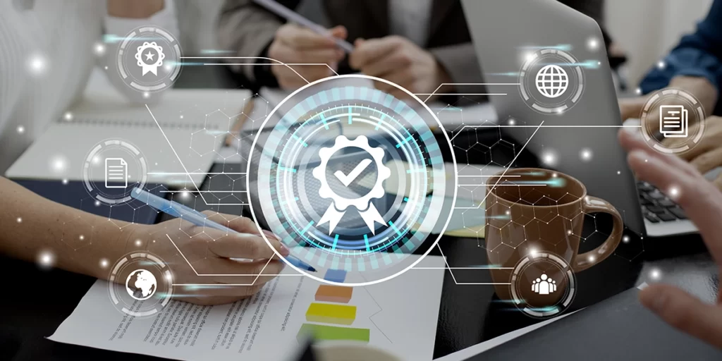 software de gestão para construtoras software de gestão para construtoras: A imagem mostra um homem de negócios em uma camisa com uma tablet no braço esquerdo com várias icônicas e símbolos na tela, como um relógio, um calendário e uma representação estilizada de um computador. O homem está olhando a tela com uma expressão séria no rosto. O fundo é escuro, com algumas estrelas e planetas visíveis no céu. A atmosfera geral da imagem é profissional e concentrada.