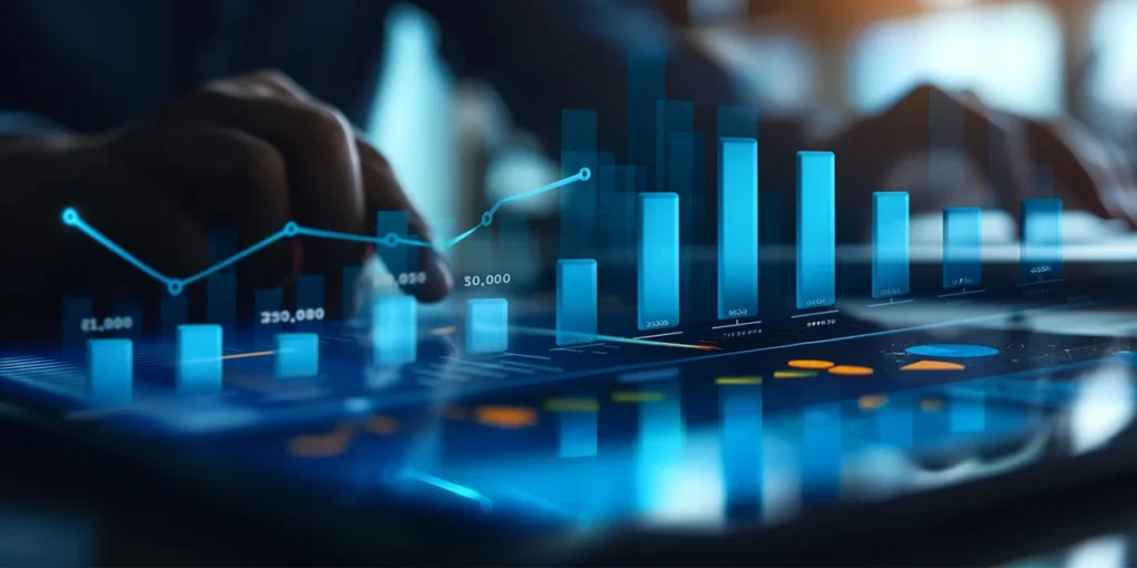 Como vender Imóveis para investidores Como vender Imóveis para investidores: close na mão de uma pessoa digitando numa tela. Da tela saem alguns gráficos de barras e de linhas. A imagem tem muitas luzes azuis.