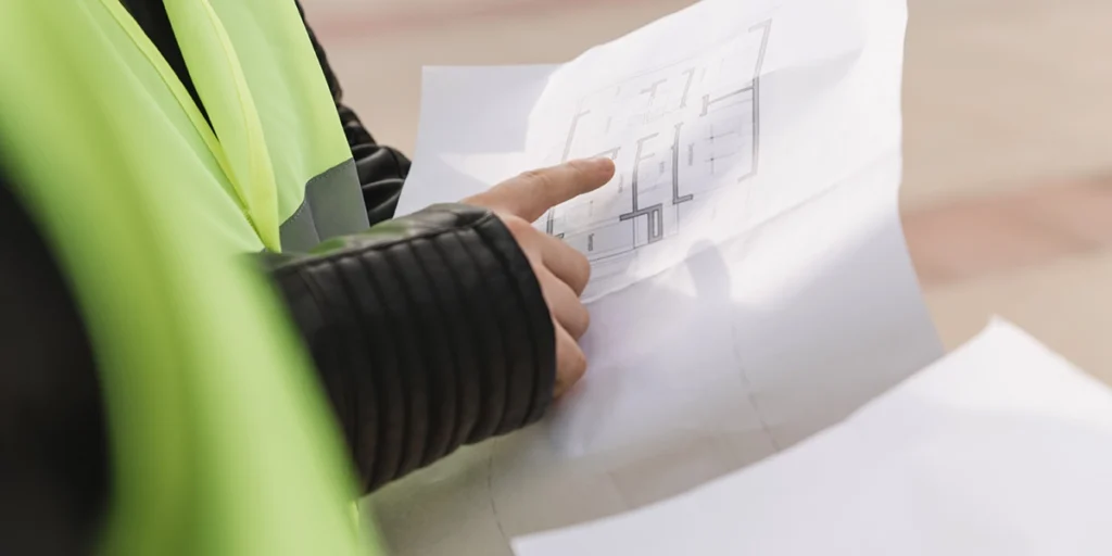 certificação edge certificação edge: close nas mãos de uma pessoa usando roupas de EPI, segurando uma planta de imóvel.