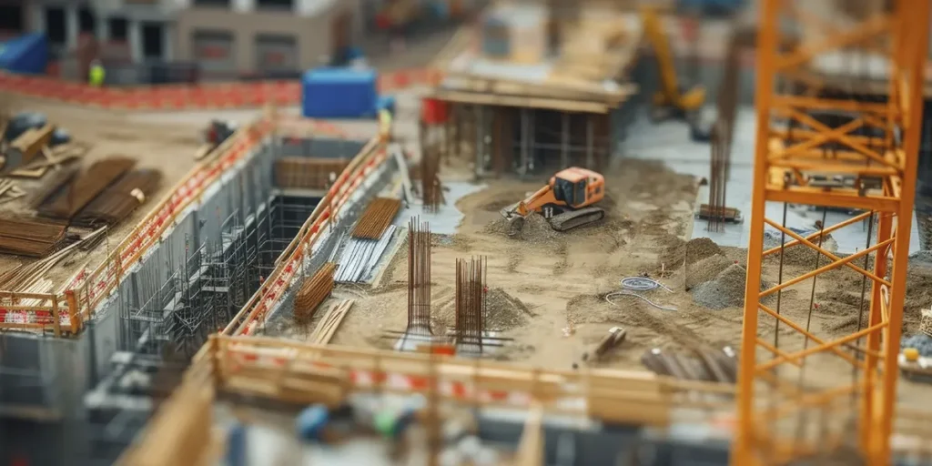 como calcular o material de construção como calcular o material de construção:
A imagem mostra um ambiente de construção em andamento. Há um grande espaço aberto com terra e areia, e parece haver uma estrutura de metal em construção, possivelmente parte de um edifício. Há vários equipamentos de construção, incluindo um escavador, que está no centro da imagem, e outros aparelhos que parecem ser parte de um sistema de elevador de material.