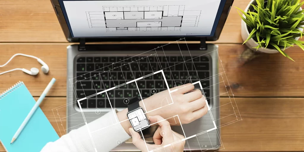 cronograma fisico e financeiro de obras cronograma fisico e financeiro de obras: A imagem mostra uma pessoa sentada diante de um laptop aberto em uma mesa de madeira. A tela do laptop exibe um plano de uma casa, sugerindo que a pessoa pode estar trabalhando em um projeto de arquitetura ou design de interiores. A pessoa está usando um relógio inteligente ou smartwatch, que parece estar interagindo com o laptop, possivelmente controlando o software ou aplicativo que está sendo usado. Ao lado do laptop, há um bloco de notas azul e um par de óculos de sol, o que pode indicar um ambiente casual ou de trabalho. Há também uma planta em um vaso ao lado do laptop, adicionando um toque de natureza ao ambiente. A imagem tem um estilo de ilustração que parece ser uma representação conceptual ou uma ilustração de um uso futuro de tecnologia.