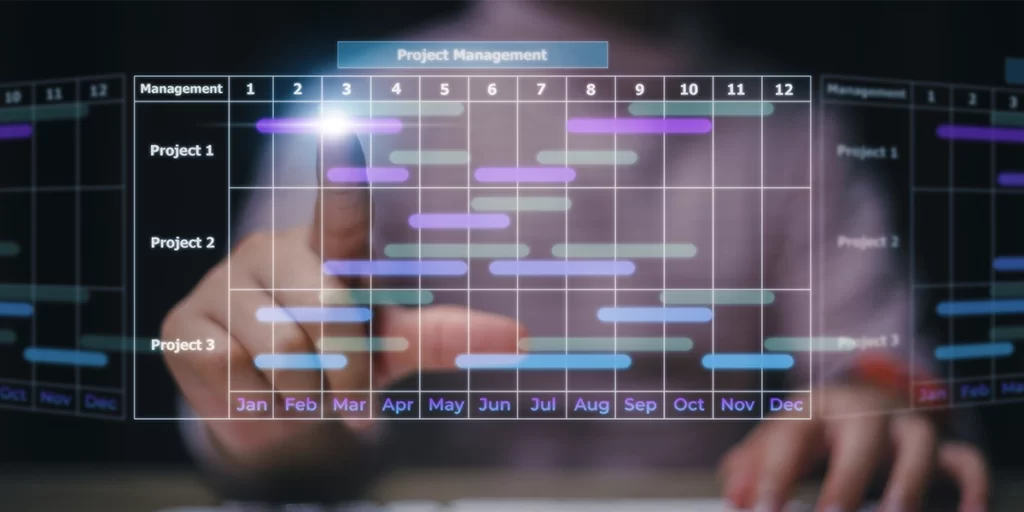 cronograma físico e financeiro de obras cronograma físico e financeiro de obras: A imagem mostra uma mão humana, possivelmente de um indivíduo sentado em frente a um computador, com o dedo do polegar sobre um teclado. A mão está em primeiro plano, o que sugere que ela é o foco da cena. Atrás da mão, há uma tela ou monitor que exibe um gráfico de Gantt, um tipo de diagrama de calendário comummente usado para gerenciar projetos.