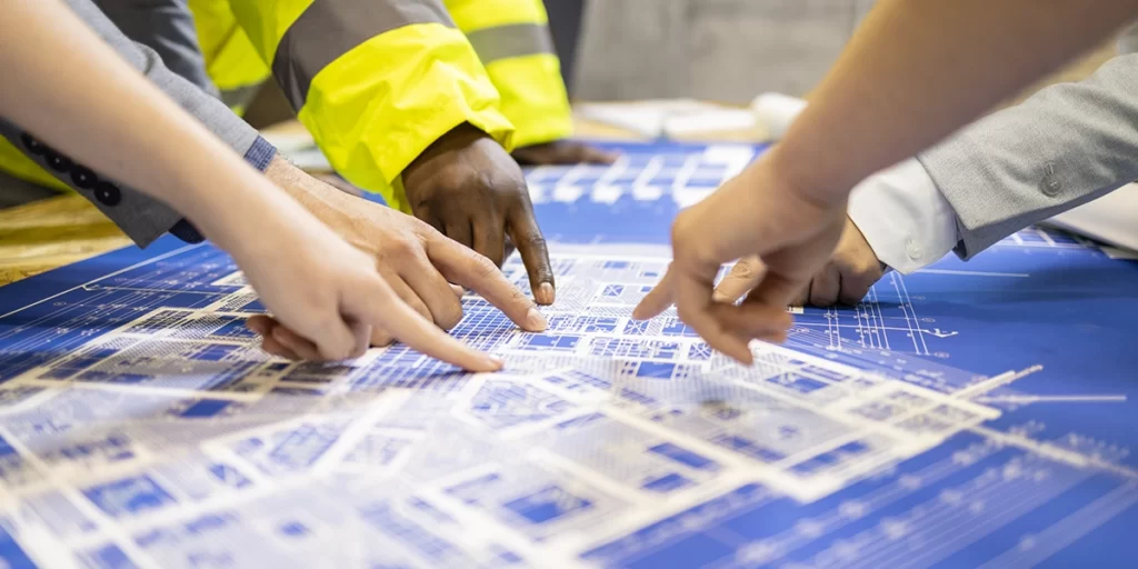 lean construction lean construction: A imagem mostra uma sessão de trabalho em que várias pessoas estão examinando um grande mapa ou plano de construção. O mapa está em primeiro plano e parece ser um plano detalhado de uma área, possivelmente um projeto de construção ou urbanização. As pessoas estão de pé ao redor do mapa, com algumas delas segurando o mapa para ajudar a manter ele aberto e fácil de ver.