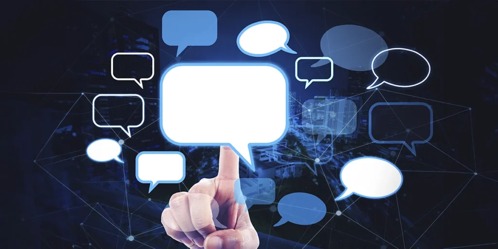 Follow-ups automatizados Follow-ups automatizados: A imagem mostra uma mão apontando para uma bússola com uma pergunta dentro dele. O fundo é um design escuro, futurista, com linhas e pontos. A imagem representa a comunicação e a troca de ideias.