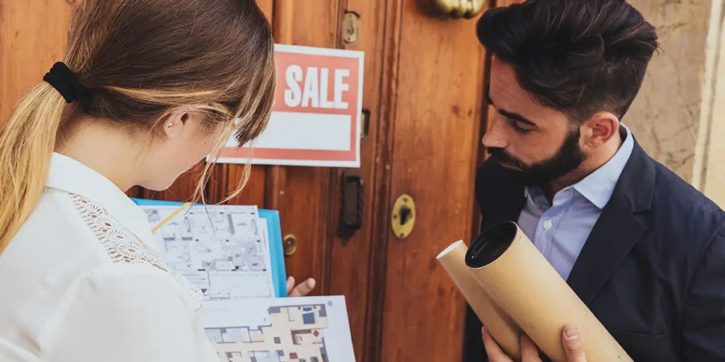 leads de loteadoras leads de loteadora: imagem de uma mulher e um homem diante de uma porta com uma placa de venda.