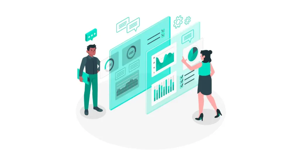CRM e ERP integrados CRM e ERP integrados: ilustração de páginas com gráficos, dashboards e ícones e duas pessoas na frente de algumas páginas.