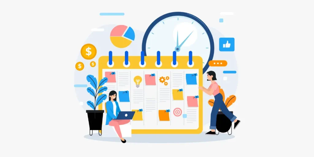 jornada de compra do cliente jornada de compra do cliente: ilustração de duas mulheres ao lado de um enorme calendário, atrás, um enorme relógio e em volta alguns ícones de gráfico, dinheiro.