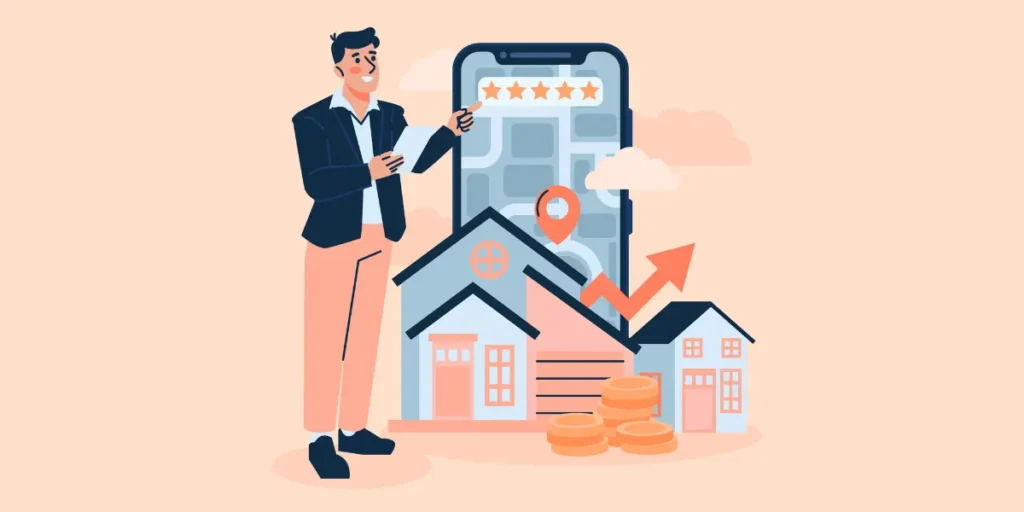 jornada de compra do cliente jornada de compra do cliente: ilustração de um homem ao lado de um celular gigante com um mapa digital. Na frente do celular, algumas casas e moedas empilhadas.